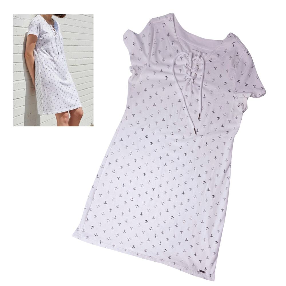 Tommy Hilfiger White Dress Anchor Print Women's Size Med Rope Tie Front Cotton